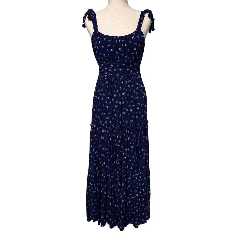 Altar'd State Navy Ditsy Floral Tiered Maxi Dress Tie Strap Cottagecore Medium